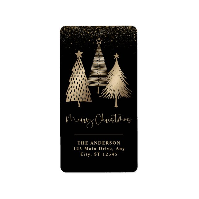 Elegant Gold Christmas Tree Glitter Snow Label (Front)