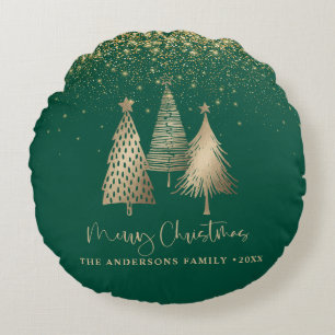 Elegant Gold Christmas Tree Glitter Snow Round Cushion