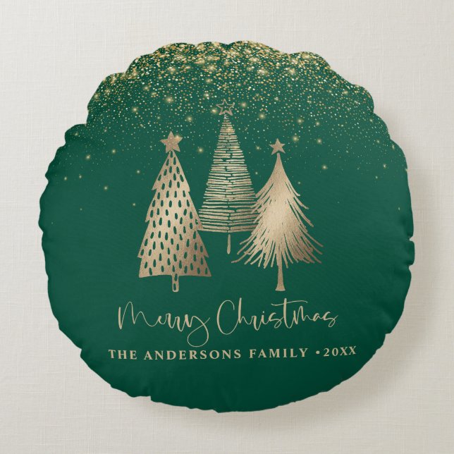 Elegant Gold Christmas Tree Glitter Snow Round Cushion (Front)