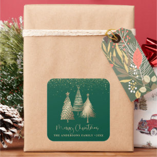 Elegant Gold Christmas Tree Glitter Snow Square Sticker