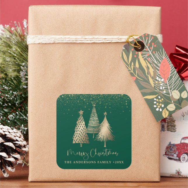 Elegant Gold Christmas Tree Glitter Snow Square Sticker (Holiday)