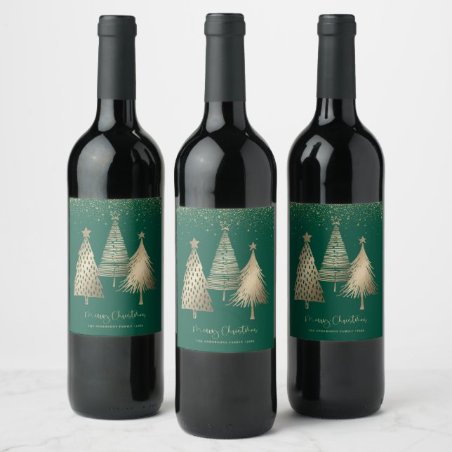Elegant Gold Christmas Tree Glitter Snow Wine Label (Bottles)