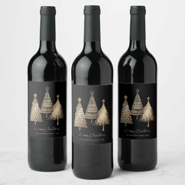 Elegant Gold Christmas Tree Merry Christmas  Wine Label (Bottles)