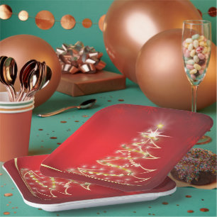 Elegant Gold Christmas Tree on Red  Paper Plate