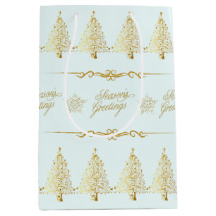 Elegant Gold Christmas Tree Seasons Greetings Blue Medium Gift Bag