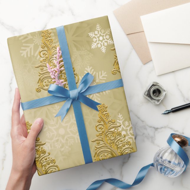Elegant Gold Christmas Tree & Snowflake Pattern Wrapping Paper (Gifting)