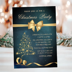 Elegant Gold Christmas Tree Stars Bow Christmas Invitation