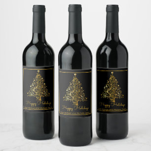 Elegant Gold Christmas Tree Wine Label