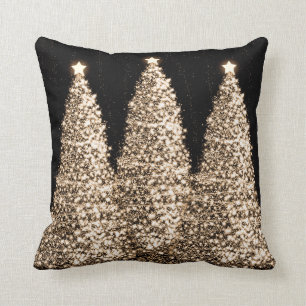 Elegant Gold Christmas Trees Black Cushion