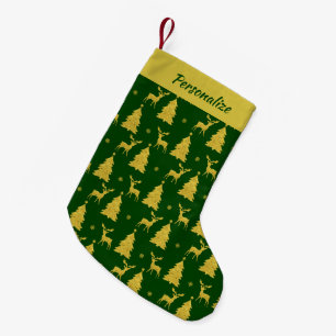 Elegant Gold Christmas Trees Reindeer on Green Small Christmas Stocking