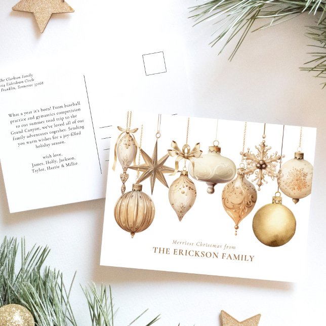 Elegant Gold Christmas Watercolor Ornaments Holiday Postcard (Creator Uploaded)
