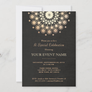 Elegant Gold Circle Motif Black Linen Look Formal Invitation