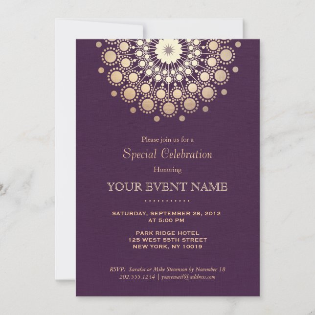Elegant Gold Circle Motif Purple Linen Look Formal Invitation (Front)