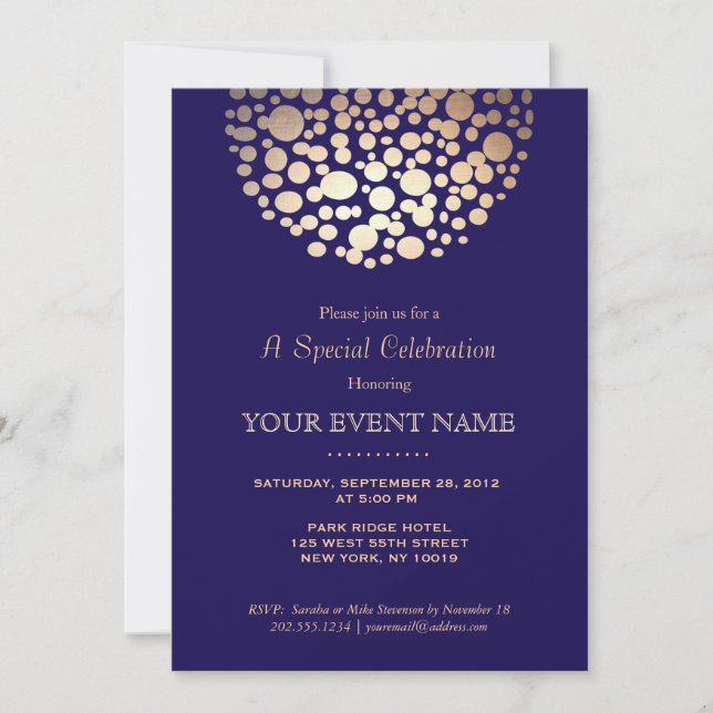 Elegant Gold Circle Sphere Navy Blue Formal Invitation (Front)