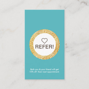 Elegant Gold Circle Turquoise Referral Vertical Business Card