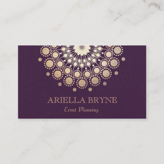 Elegant Gold Circles Purple Event Planner Business Card (Front)
