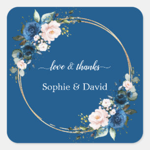 Elegant Gold Class Blue Pink Flowers Bloom Wedding Square Sticker