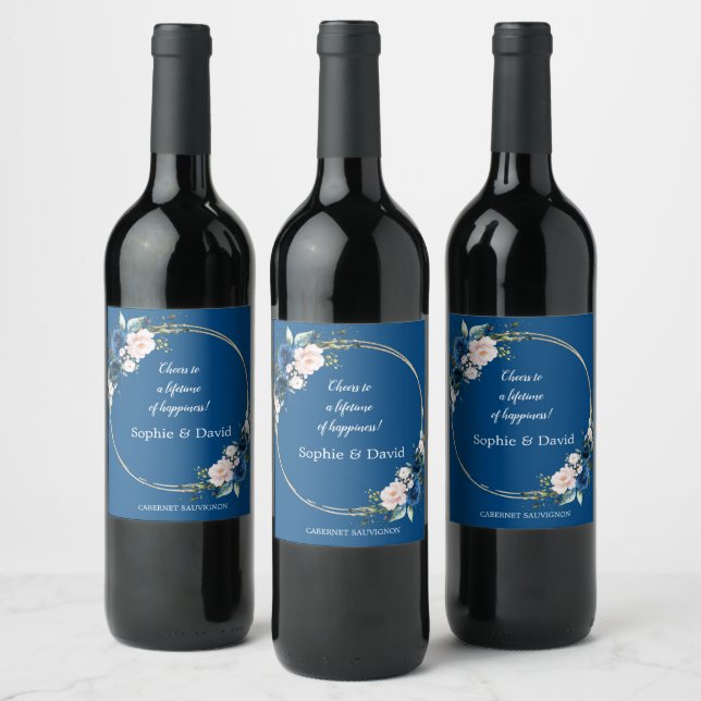 Elegant Gold Class Blue Pink Flowers Bloom Wedding Wine Label (Bottles)