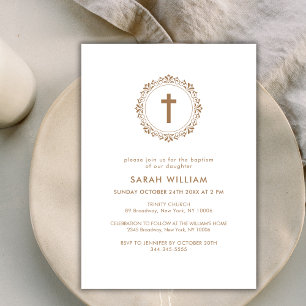 Elegant Gold Classic Cross Wreath Baptism Invitation