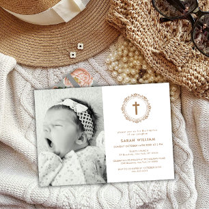 Elegant Gold Classic Photo Cross Wreath Baptism  Invitation