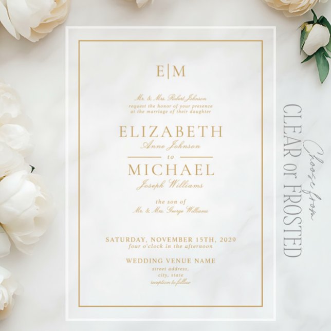 Elegant Gold Classic Script Monogram Wedding Acrylic Invitations (Creator Uploaded)