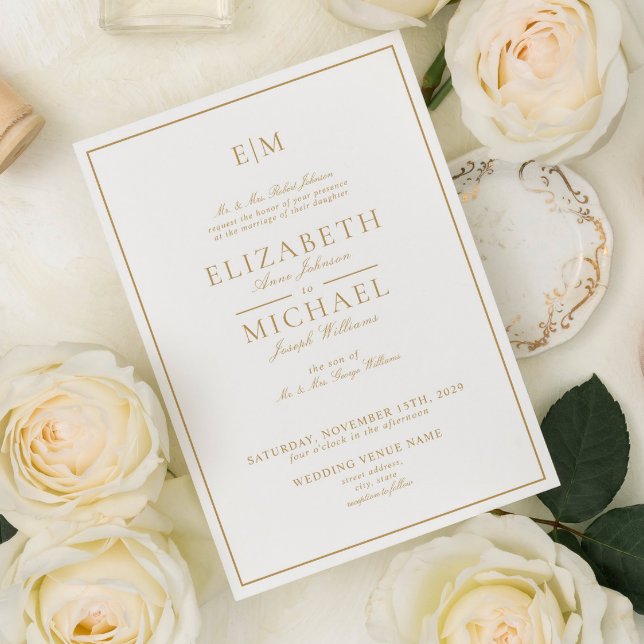 Elegant Gold Classic Script Monogram Wedding Invitation (Creator Uploaded)