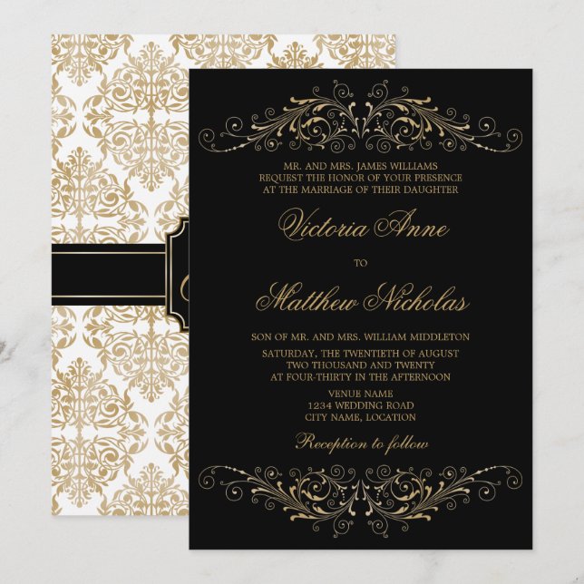 Elegant Gold Colour Flourish and Damask Invitation (Front/Back)