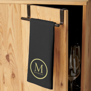 Elegant Gold Colour Monogrammed Name Template Blac Tea Towel