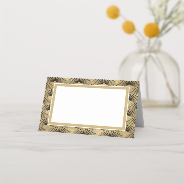 Elegant Gold Coloured Black Art Deco Fan Wedding Place Card (Front)