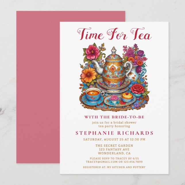 Elegant Gold Colourful Floral Teapot Bridal Shower Invitation (Front/Back)