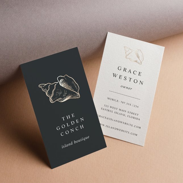 Elegant Gold Conch Shell Vertical Business Card (Creator Uploaded)