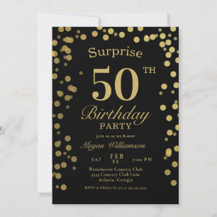 Elegant Gold Confetti Black Surprise 50th Birthday Invitation