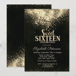 Elegant Gold Confetti,Black Sweet 16 Invitation