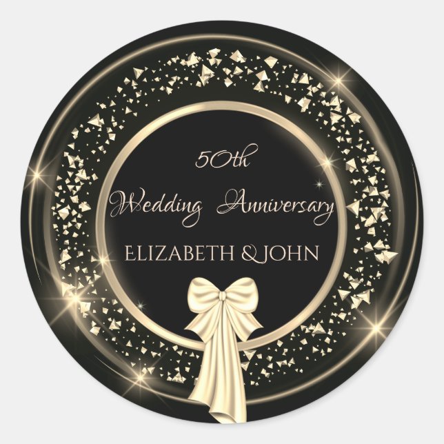 Elegant Gold Confetti ,Bow Anniversary Classic Round Sticker (Front)