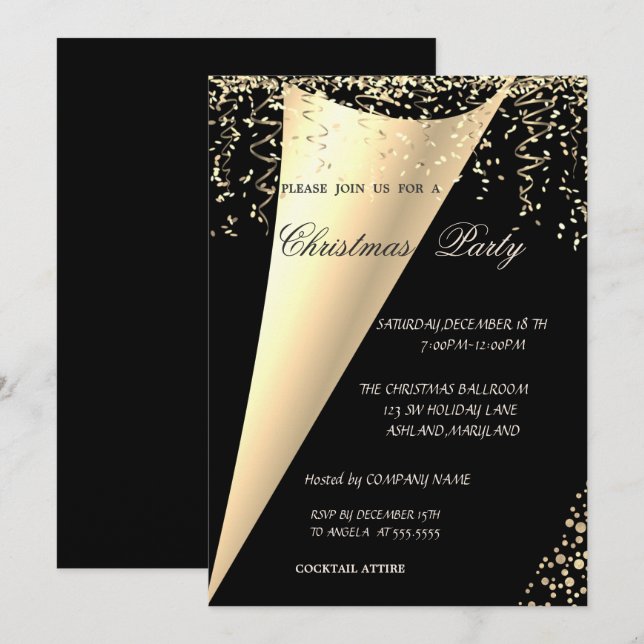 Elegant, Gold Confetti Company Christmas Party Invitation (Front/Back)