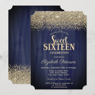 Elegant Gold Confetti Diamonds Navy Blue Sweet 16 Invitation