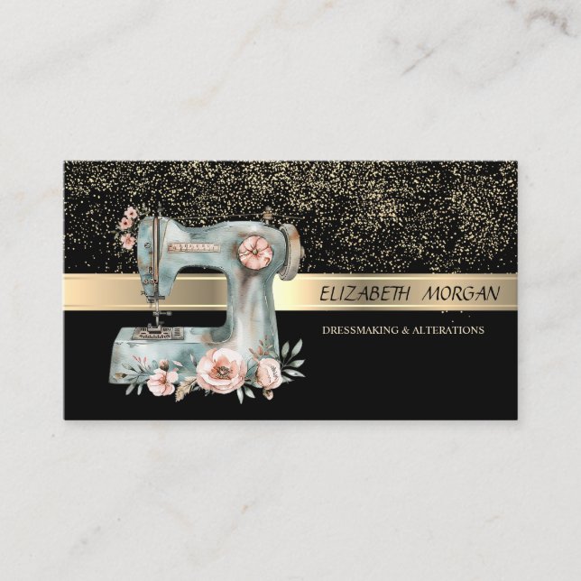 Elegant Gold Confetti,Floral Sewing Machine Business Card (Front)