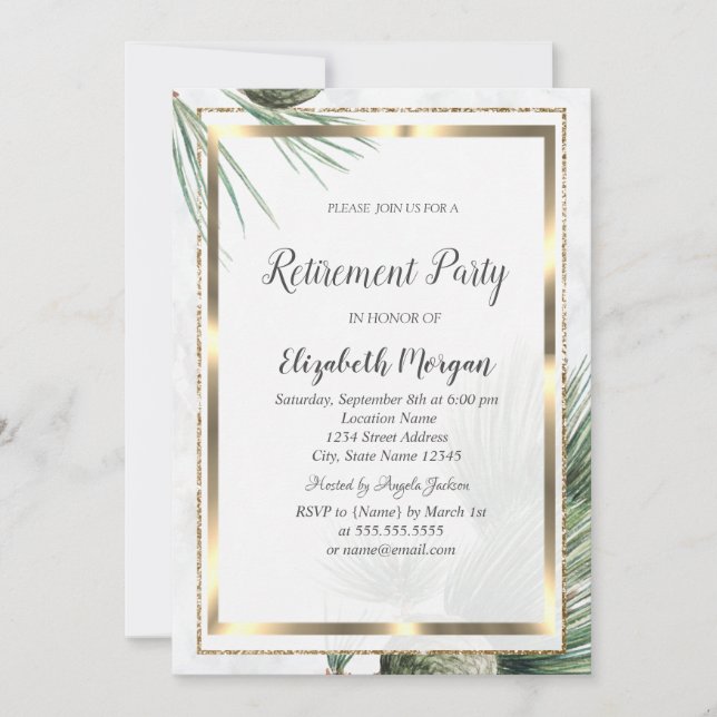 Elegant Gold Confetti Frame Pine Tree Retirement Invitation (Front)