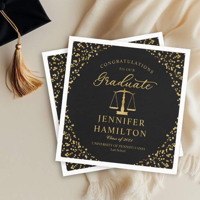 Elegant Gold Confetti Law School Graduation Black Napkin (Creator Uploaded)