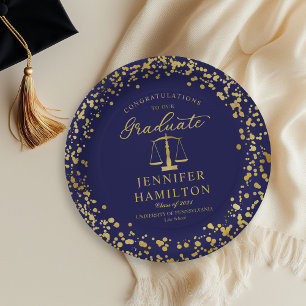 Elegant Gold Confetti Law School Graduation Blue Paper Plate