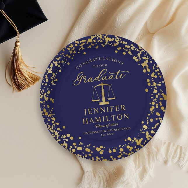 Elegant Gold Confetti Law School Graduation Blue Paper Plate (Creator Uploaded)