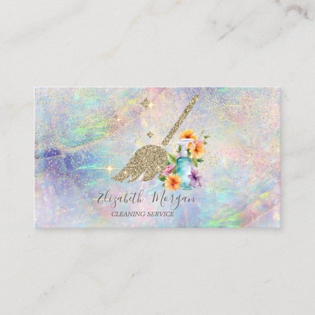 Elegant Gold Confetti Maid Spray Bottle Opal Business Card (Front)
