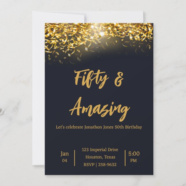 Elegant Gold Confetti on Black | 50th Birthday  Invitation (Front)