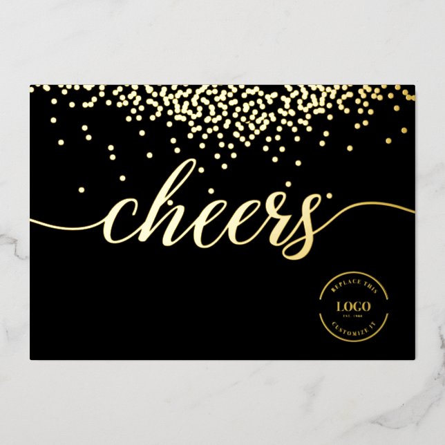 Elegant gold confetti on black Cheers logo Foil Holiday Card (Front)