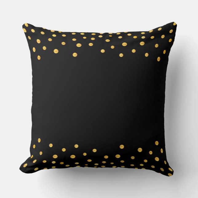Elegant Gold Confetti on Black Cushion (Front)