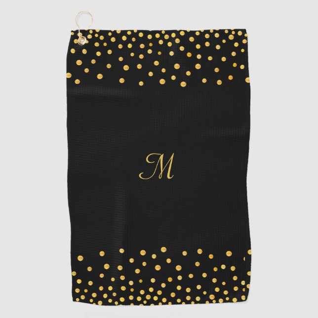 Elegant Gold Confetti on Black Monogrammed Golf Towel (Front)
