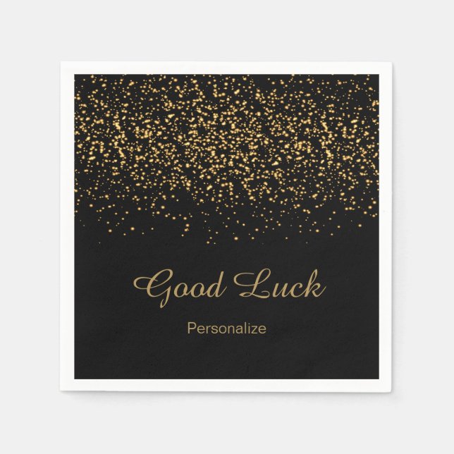 Elegant Gold Confetti on Black Napkin (Front)
