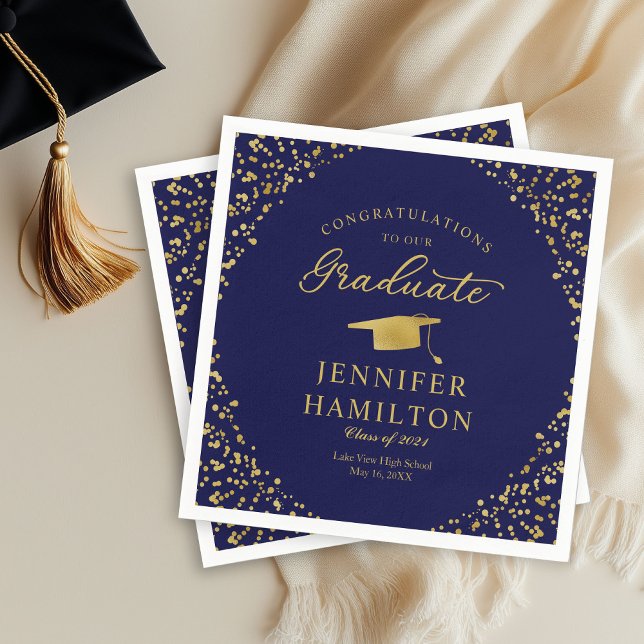 Elegant Gold Confetti On Blue Graduation Napkin (Creator Uploaded)