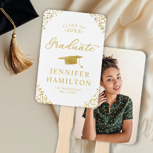 Elegant Gold Confetti On White 1 Photo Graduation Hand Fan