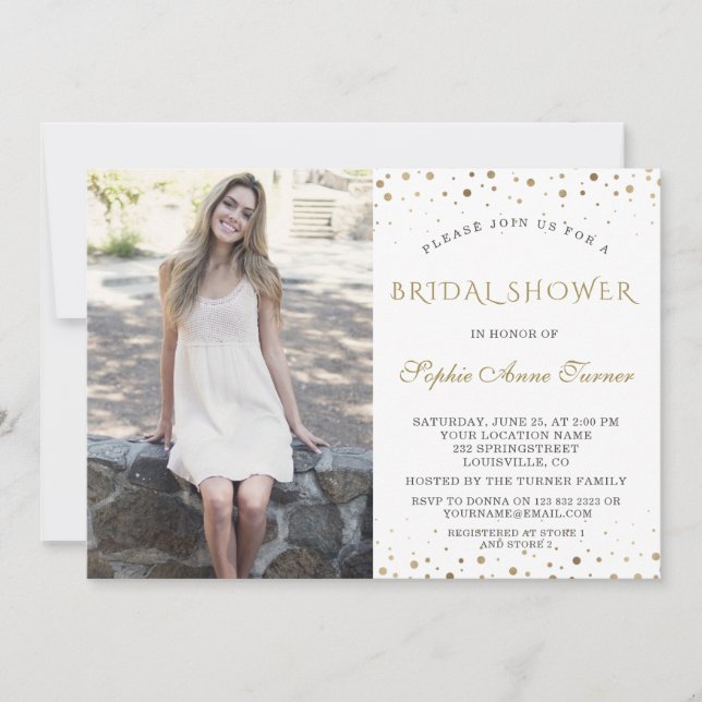 Elegant Gold Confetti Photo Bridal Shower Invitation (Front)